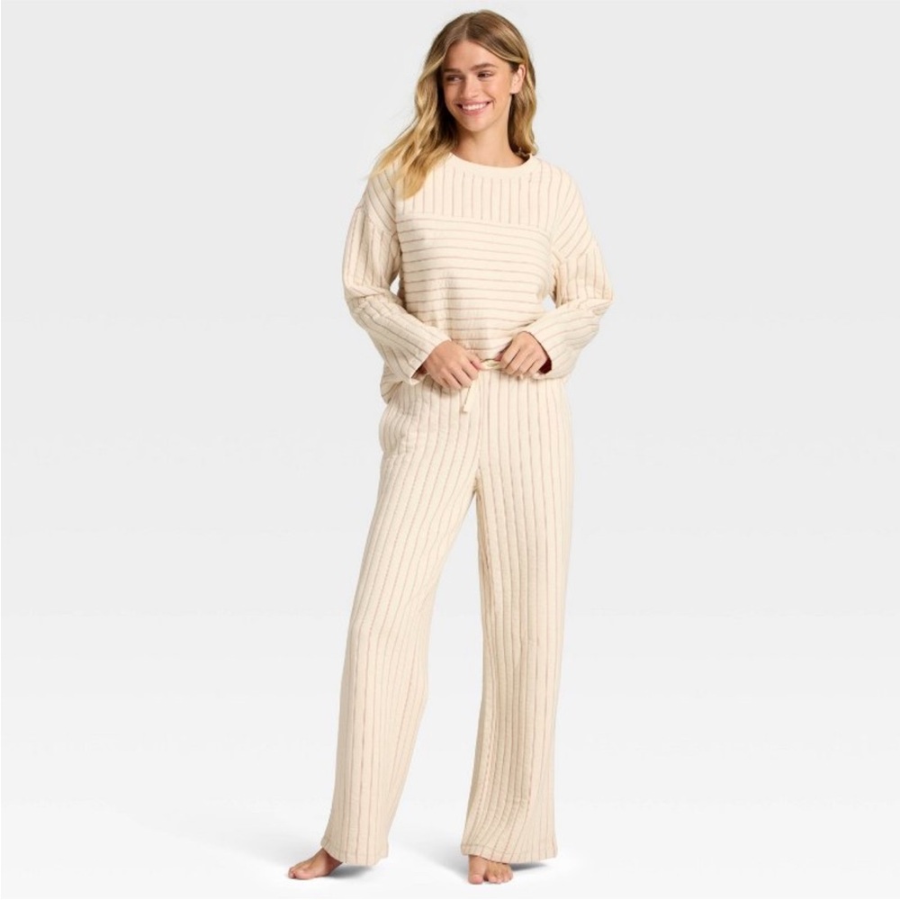 Set! Womens Quilted Lounge Sweatshirt & Wide Leg Lounge Pants Auden Cream XS NWT